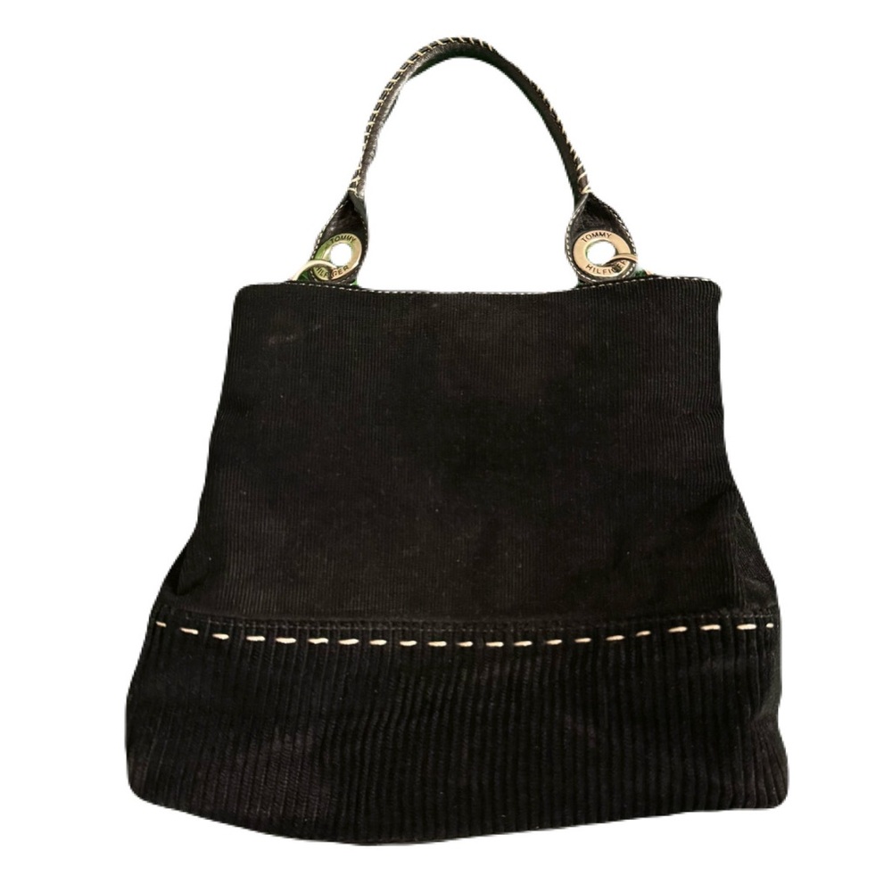 Tommy Hilfiger Purse Black Corduroy Leather Hand Strap Tote Handbag y2k